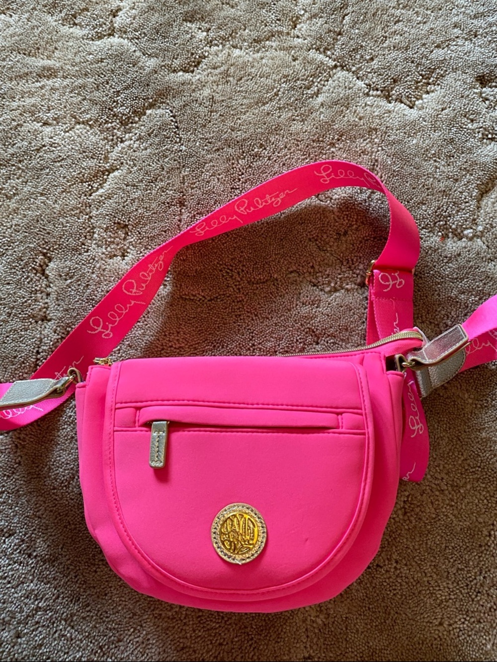 Lilly Pulitzer Giavanna Neon Pink Crossbody with Gold Logo Medallion